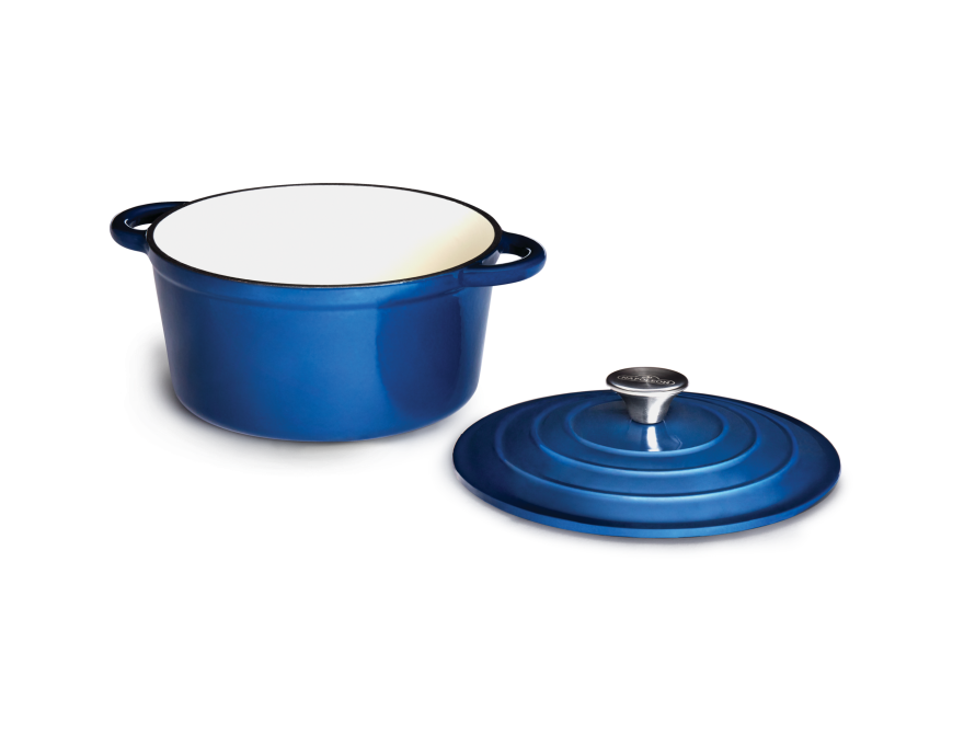 Żeliwny garnek z przykrywką pokryty porcelaną